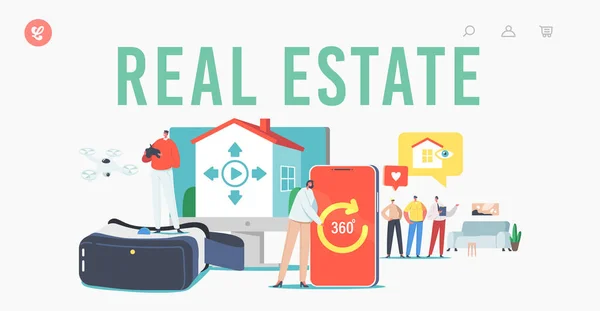 Real Estate Virtual Tour Modelo de página de desembarque. Realtor e clientes escolhem distantemente um apartamento para comprar ou alugar —  Vetores de Stock