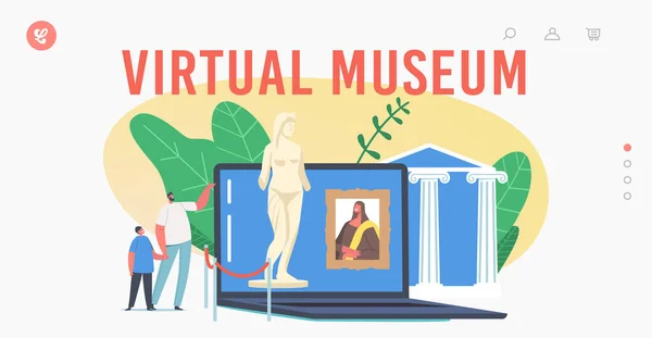 Virtuelles Museum Landing Page Template. Stay Home Entertainment. Charaktere Besuchen Sie die Online-Galerie, Kunsttherapie — Stockvektor