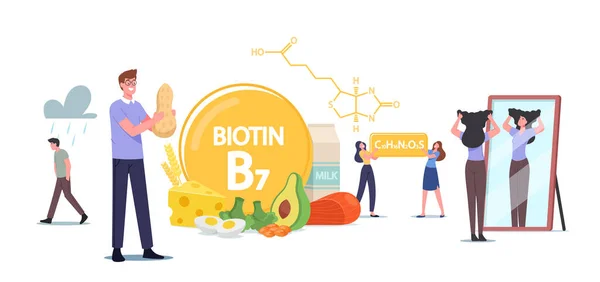 Personagens masculinos e femininos que aplicam suplemento de biotina, vitamina B7 para o bom humor, saúde e dieta, colágeno — Vetor de Stock