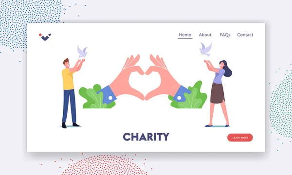 Charity Landing Page Template. Characters Let Go White Doves in Air. International Day of Peace, Hope, Antiwar Campaign — Stock Vector
