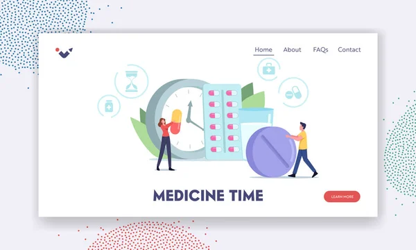 Πρότυπο σελίδας Medicine Time Landing. Συνταγογραφούμενα φάρμακα, ιατρική περίθαλψη. Μικροσκοπικοί χαρακτήρες με τεράστιο χάπι και tablet — Διανυσματικό Αρχείο