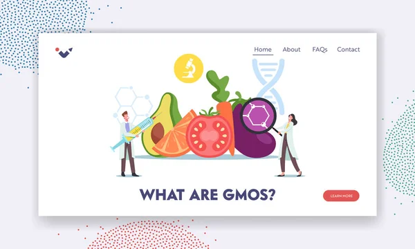 O que é GMO Landing Page Template. Minúsculos cientistas personagens em enorme geneticamente modificado alimentos e agricultura colheita —  Vetores de Stock