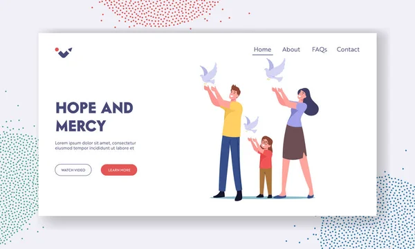 Templat Hope and Mercy Landing Page. Family Let Go White Doves in Air (dalam bahasa Inggris). Hari Perdamaian Internasional, Kampanye Antiperang - Stok Vektor