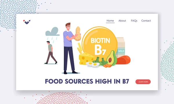 Food Sources of Vitamin B7 Landing Page Template (en inglés). Carácter masculino Comiendo ingredientes naturales saludables, aplicando biotina — Archivo Imágenes Vectoriales