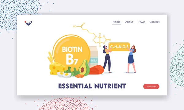 Plantilla de landing page de nutrientes esenciales. Tiny Female Characters with Biotin Formula. Mujeres Aplicando Vitamina B7 — Archivo Imágenes Vectoriales