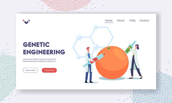 Genetikai Engineering Landing Page Sablon. Genetikailag módosított élelmiszer kísérlet a laborban. Apró tudós DNS módosítása — Stock Vector