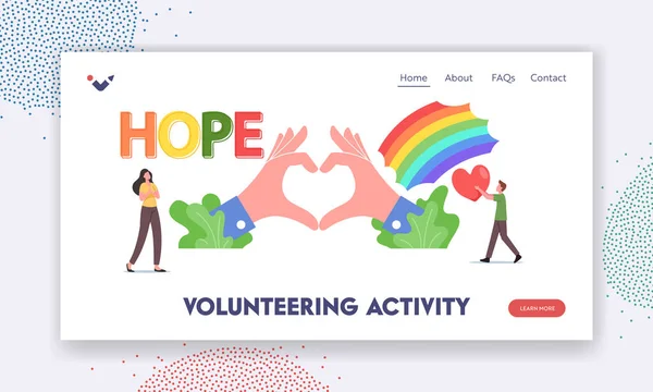 Volunteering Activity, Hope Landing Page Template. Tiny Characters at Rainbow and Hands Show Heart Symbol, Charity — Stock Vector