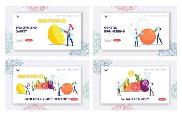 Genetiskt modifierad mat landning sida mall set. Genetiskt modifierade grödor. Karaktärer som använder bioteknik — Stock vektor