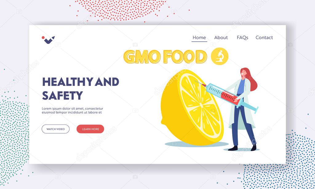 Healthy Genetically Modified Food Landing Page Template. Tiny Scientist Character Inject Liquid for DNA Modification