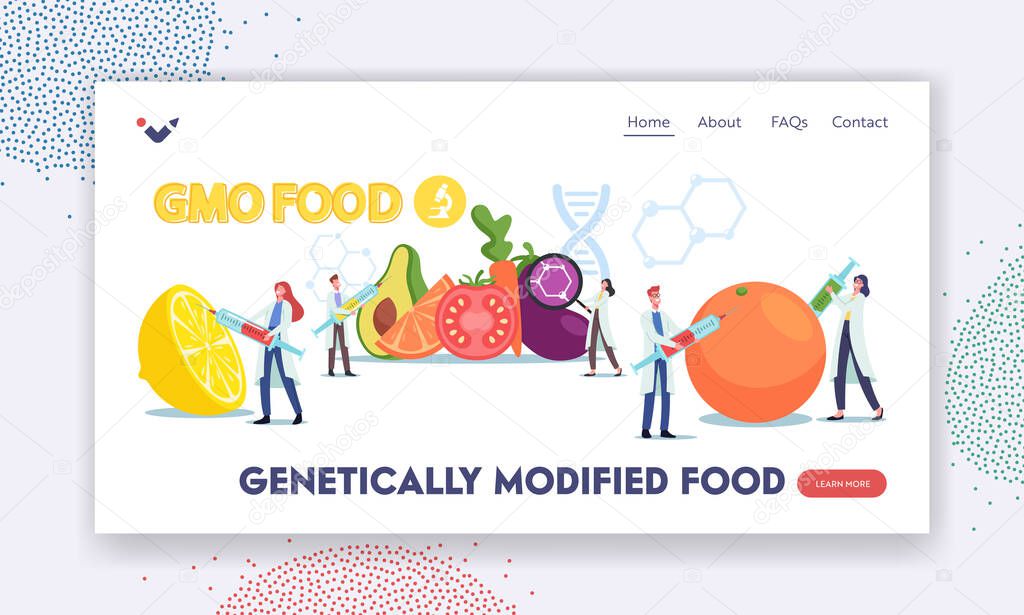 Genetically Modified Food Landing Page Template. GMO Agriculture Crop. Characters Using Biotechnology Manipulation