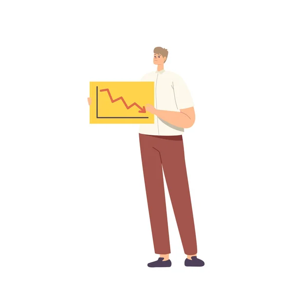 Loser, Stupid Employee Concept. Confused Male Character Holding Banner with Drop Stock Market Arrow Statistics Chart — Vettoriale Stock