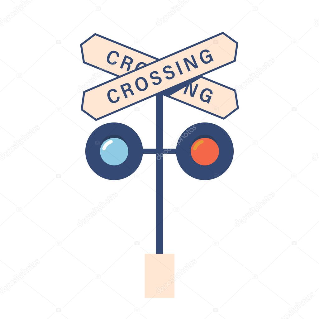 Railroad Crossing Sign and Traffic Lights Isolated on White Background. Subway or Railway Station, Intersection Symbol