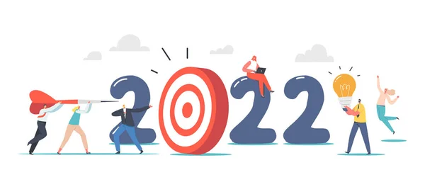 Üzleti karakterek dobja hatalmas darts a cél, 2022 Szilveszteri cél elérése koncepció. Irodai dolgozók Karrier Boost — Stock Vector