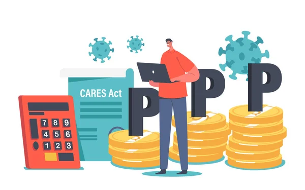 PPP, Paycheck Protection Program Business Concept. Personnage d'homme d'affaires avec ordinateur portable à la Loi énorme pile d'argent et de soins — Image vectorielle