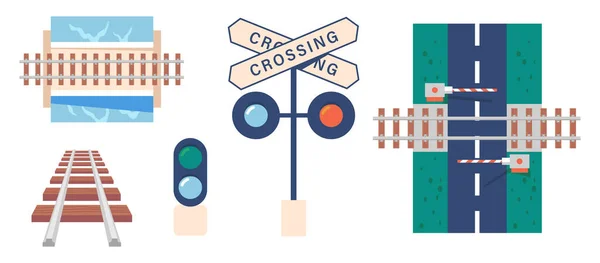 Chemins de fer Icônes, route droite et courbe et vue en perspective, barrière et panneaux. Transport Chemin ferroviaire — Image vectorielle