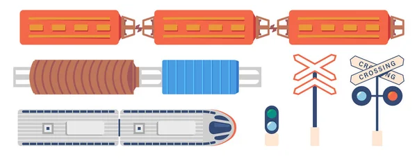 Rail Trains Top View, Railway Signs and Traffic Lights, Symbols for Map or City Constructor Isolated on White Background — Vettoriale Stock
