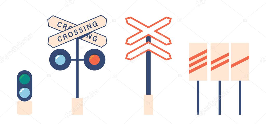 Railroad Signs, Traffic Lights and Signals. Graphic Design Elements for City Map or Navigation, Railway Station, Commuter or Cargo Transport Isolated on White Background. Cartoon Vector Illustration