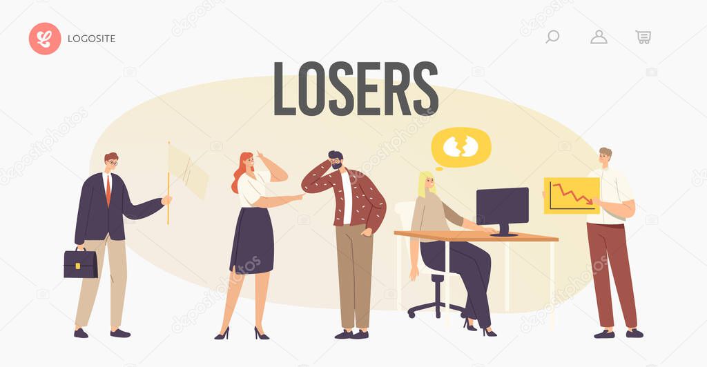 Characters Losers Landing Page Template. Businesswoman Deleted Data from Computer, Hater Laughing on Upset Man