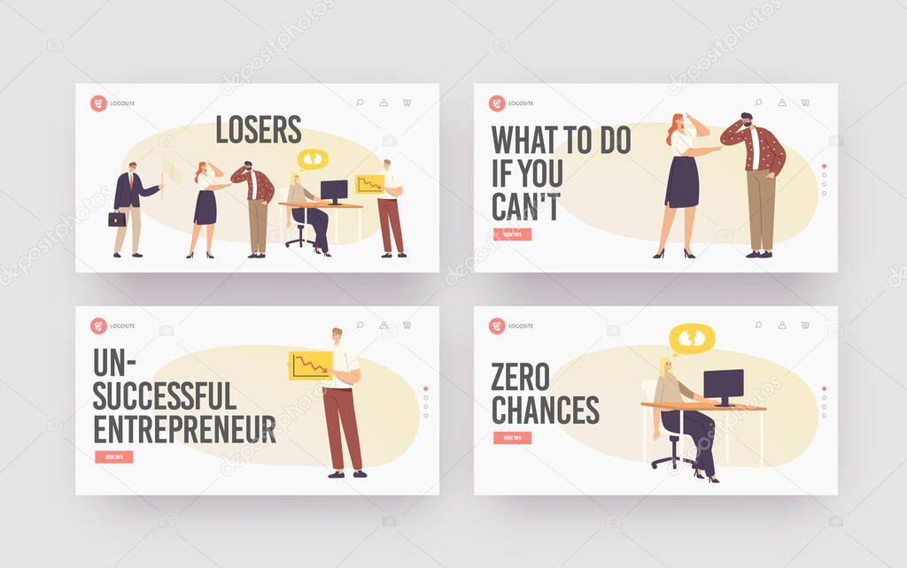Characters Losers Landing Page Template Set. Businesswoman Deleted Data from Computer, Hater Laughing on Upset Man