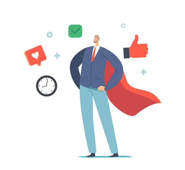 Soft Skills in Business. Successful Manager or Businessman Character Wearing Super Hero Cloak Stand with Arms Akimbo — стоковий вектор