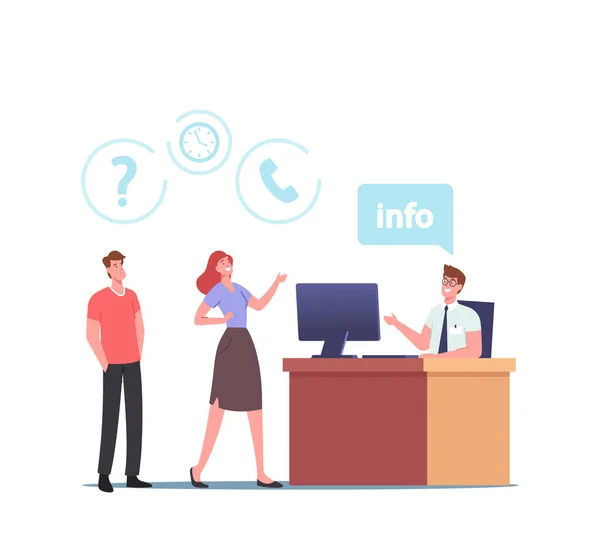 Tecken Använd Info Desk Service. Människor står vid receptionistbordet Behöver information och hjälp i snabbköpet — Stock vektor