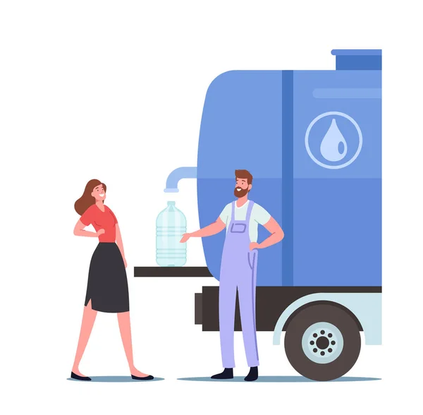Weiblicher Charakter kauft sauberes Trinkwasser im Außentank mit Wasserhahn. Arbeiter schütten Wasser in Plastikflasche zum Kunden — Stockvektor
