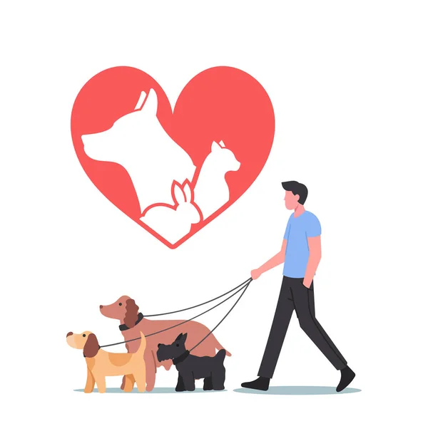 Pets Rescue and Protection Concept. Male Character Walking with Adopted Dogs Team. Leisure, Communication — Vettoriale Stock