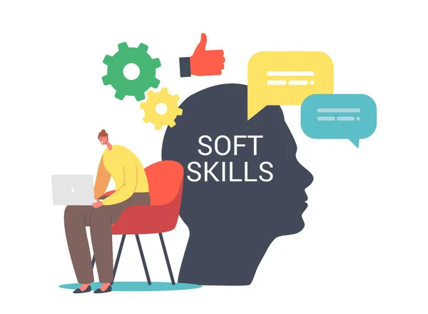 İş Konseptinde Soft Skills. Dev İnsan Kafası 'nda dizüstü bilgisayarda çalışan küçük bir kadın karakteri. Ofis İşçisi Empati — Stok Vektör