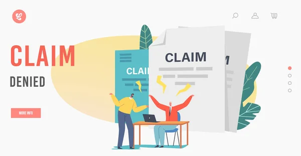 Claim Denied Landing Page Template. Client Fighting with Agent. Tiny Characters Arguing in Office near Huge Documents — стоковий вектор