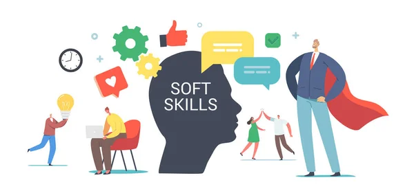 Soft Skills in Business Concept. Pequeños personajes femeninos masculinos en Huge Human Head. Empatía de los trabajadores de oficina, Comunicación — Archivo Imágenes Vectoriales