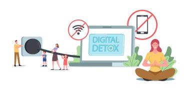 Dijital Detox Konsepti. Tiny Characters Devasa Laptop Eklentisi ve Soketi, Çıkış Sosyal Medya Ağı, Çevrimdışı Gevşeme