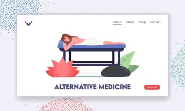 Alternatif İlaç İniş Sayfa Şablonu. İğneli Kanepeye Uzanan Kadın Arka Akupunktura İşaretlendi