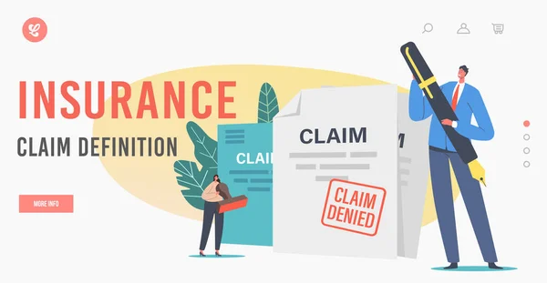 Insurance Claim Definition Landing Page Template. Tiny Characters at Denied Certificate. Protection of Health, Life — Vettoriale Stock
