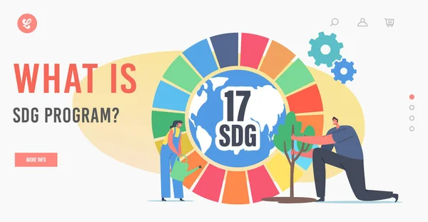 Mi az SDG Program Landing Page Template. Karakterek Öntözőüzem a színes kerék a fenntartható fejlődés — Stock Vector