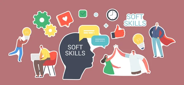 Set of Stickers Soft Skills in Business. Komunikasi Karakter, Kepala Manusia, Empati Pekerja Kantor, Pengembangan Ide - Stok Vektor