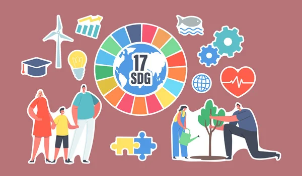 Σύνολο Αυτοκόλλητων Στόχων Βιώσιμης Ανάπτυξης. Οι άνθρωποι χρησιμοποιούν πράσινη ενέργεια, εξοικονόμηση πλανήτη, καλλιέργεια φυτών. 17 Τροχός SDG — Διανυσματικό Αρχείο