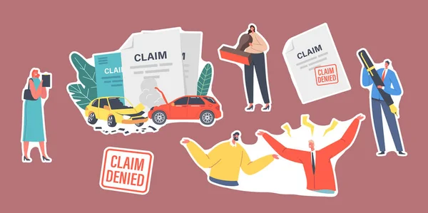 Set of Stickers Insurance Claim Denied Theme. Car Accident. Characters Dispute with Agent for Denied Policy Paper — 图库矢量图片