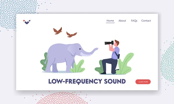 Low-frequency Infra Sound Waves Landing Page Template. Photographer Character Shoot Elephant and Birds — Stock Vector