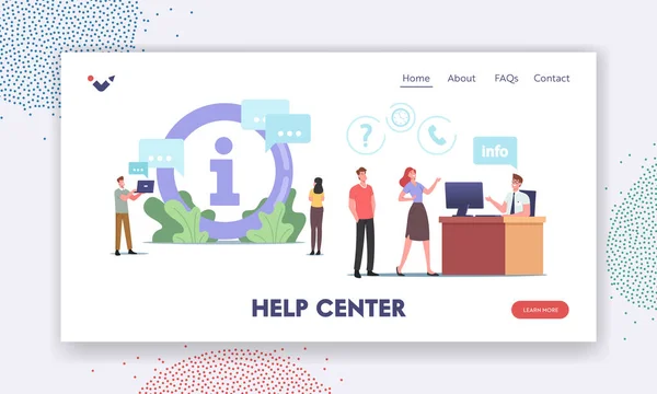 Help Center Landing Page Template. Characters Use Info Desk. People Need Information Ask Manager in Bank, Supermarket — Vettoriale Stock