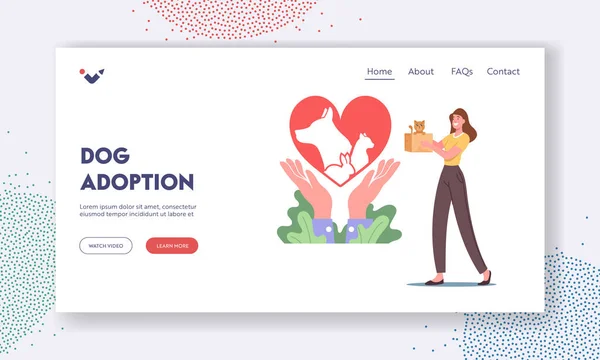 Dog Adoption Landing Page Template. Female Character Hold Kitten in Box near Heart Symbol. Care of Animals, Pets Rescue — Vettoriale Stock