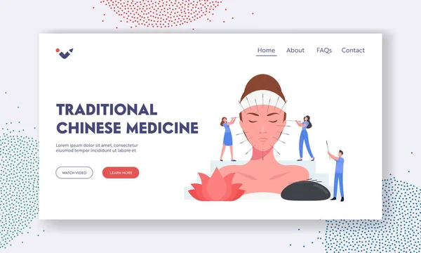 Plantilla de Landing Page de Medicina Tradicional China. Los pequeños personajes inyectan agujas en la enorme cara femenina. Acupuntura — Vector de stock