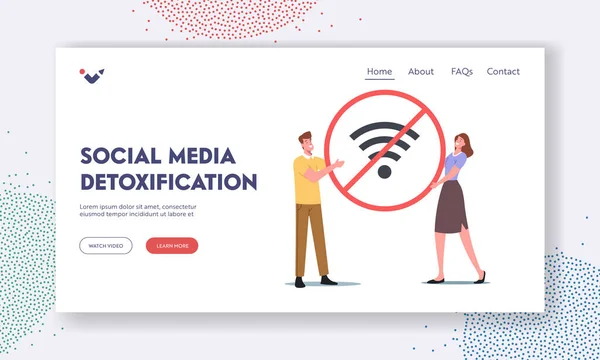 Social Detoxificatio, Digital Detox Landing Page Template. Pequeños personajes femeninos masculinos que sostienen un enorme símbolo Wifi cruzado — Vector de stock