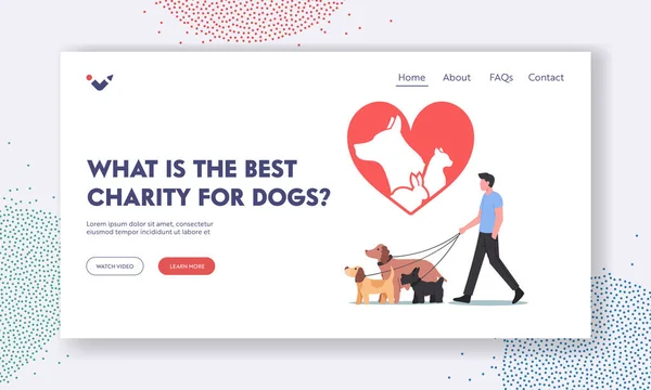 Cães Charity Landing Page Template. Resgate de animais de estimação e conceito de proteção. Personagem masculino caminhando com a equipe de cães adotados —  Vetores de Stock