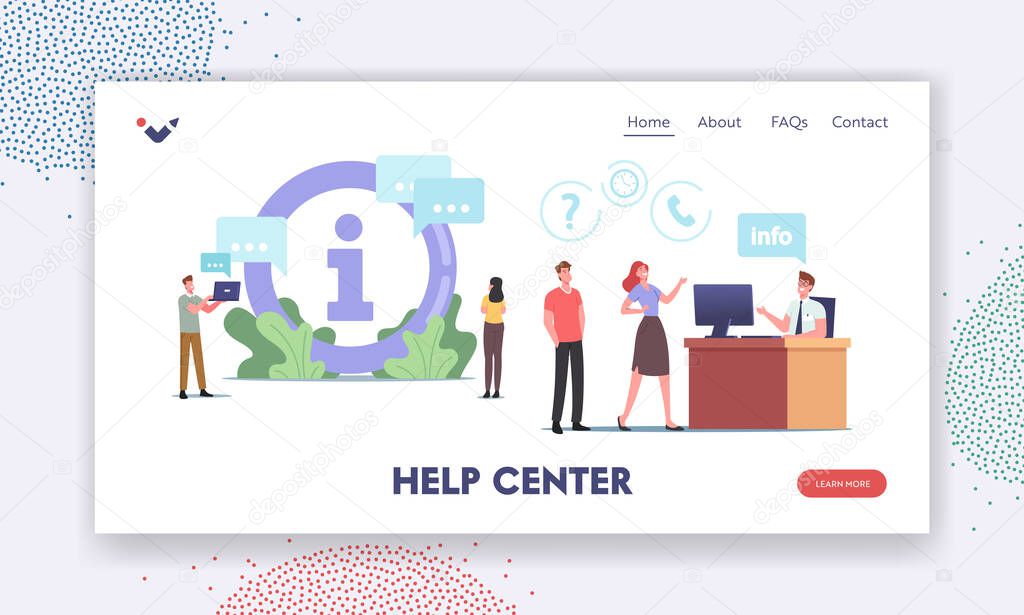 Help Center Landing Page Template. Characters Use Info Desk. People Need Information Ask Manager in Bank, Supermarket