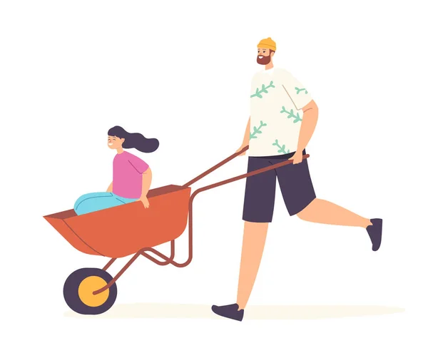 Glückliche Familiencharaktere Vater und Tochter, die zusammen Spaß haben, Papa reitet Mädchen in der Schubkarre. Menschen gärtnern — Stockvektor