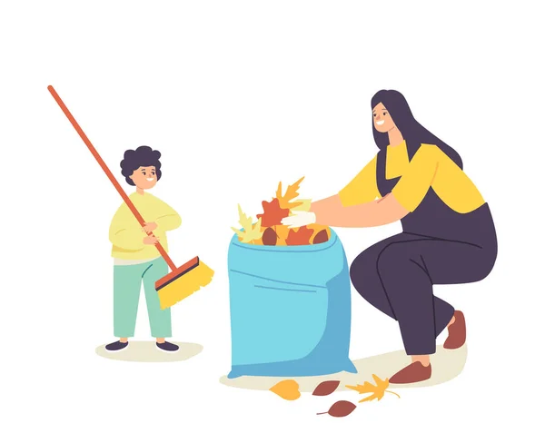 Happy Mother and Little Baby Collecting Fallen Autumn Leaves into Bag. Family Characters Cleaning Backyard Having Fun — Stock Vector