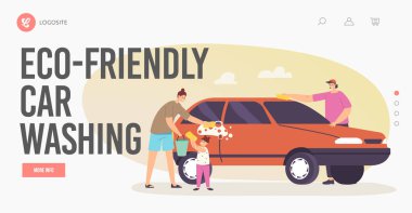 Çevre dostu oto yıkama iniş sayfası şablonu. Mutlu Aile Karakterleri Anne, Baba ve Küçük Kız Oto Yıkama