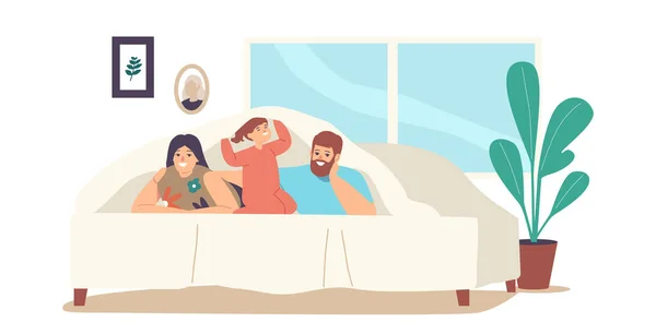 Happy Family Karakters Moeder, Vader en Dochter Liggen onder deken op bed in de kamer ingericht met Garland — Stockvector