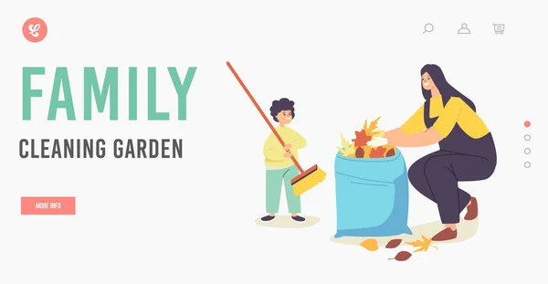 Família de limpeza Garden Landing Page Template. Mãe feliz e bebê coletando folhas para saco. Limpeza de personagens —  Vetores de Stock