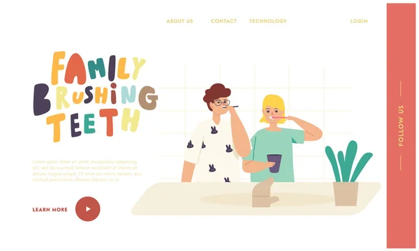 Bambini spazzolatura denti Landing Page Template. Happy Family Personaggi con spazzolino da denti e Incolla procedura di igiene dentale — Vettoriale Stock